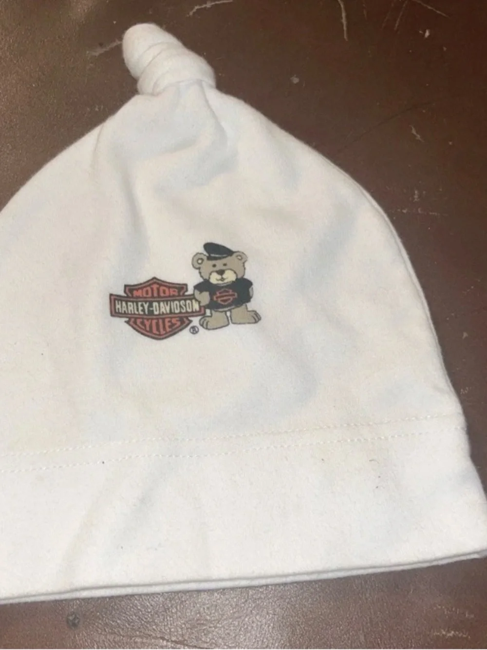 Vintage Harley-Davidson White Baby Knot Hat with Teddy Logo